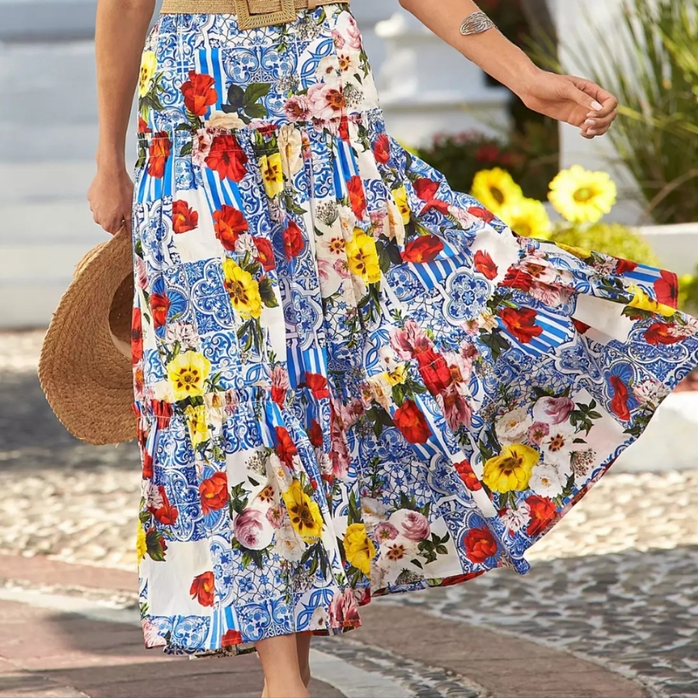 Boston Proper maxi Tiered Floral boho skirt Sz medium Multicolor festival Spring